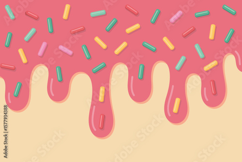 A pink frosted surface with colorful sprinkles and dripping glaze on a light yellow background design