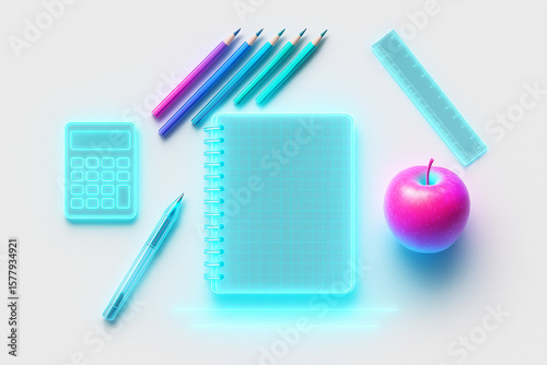 Futuristic flatlay of digital school supplies on white background