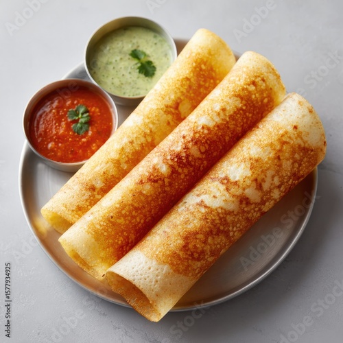 overhead shot of dosa with chutney and sambar in steel plate on white table