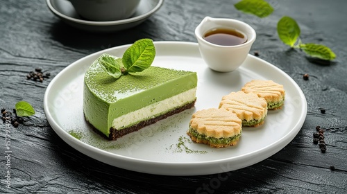 Delicious Matcha Cake with Cookies and Mint Garnish on Plate