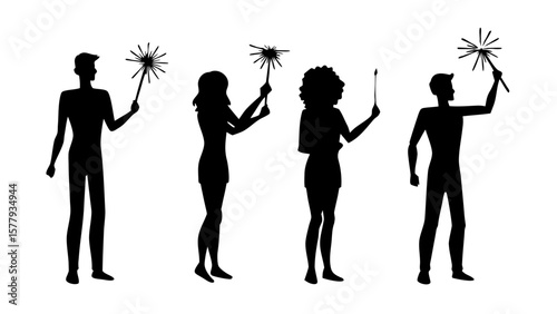 Festive Silhouettes Celebration Sparklers Fireworks Transparent PNG