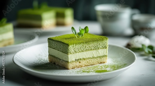 Delicious matcha layer cake with creamy filling and fresh garnish