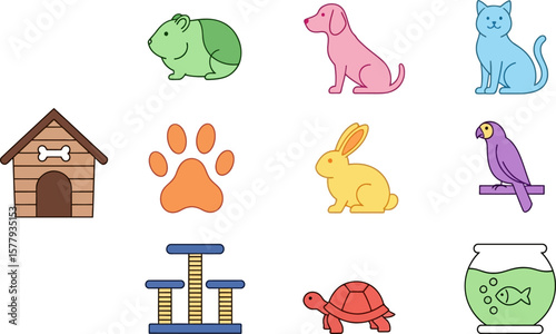 Cute pets vector illustration collection of domestic animals and pet supplies