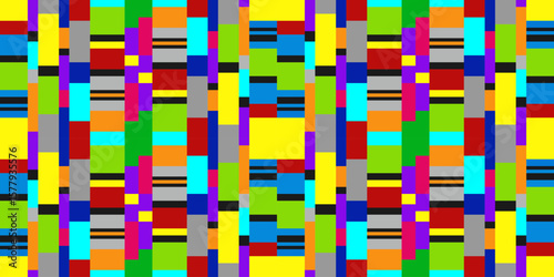 Abstract colorful geometry seamless pattern. Mosaic tile of multicolored rainbow bricks. Rectangles and lines collage. Cheerful and bright ornamental background.
