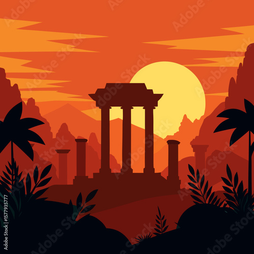 Ancient ruins silhouetted against a vibrant sunset with tropical foliage
