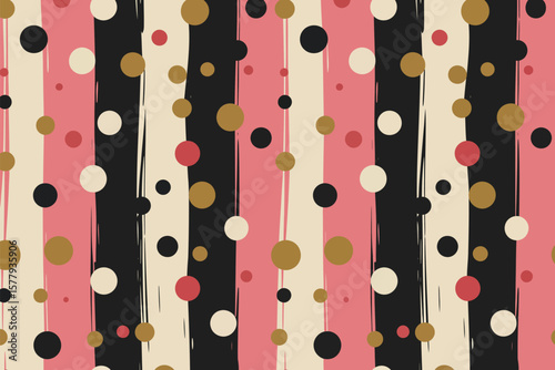 A seamless pattern with vertical stripes and polka dots in pink black cream and gold colors design art