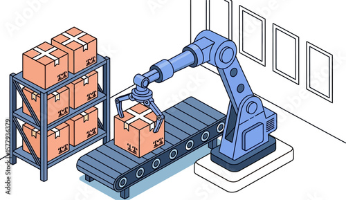 Automation robotic arm picking box from conveyor belt in warehouse factory