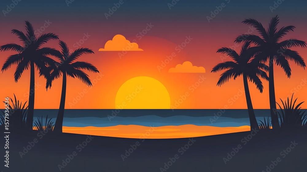 Fototapeta premium Stunning Sunset Beach Scene with Palm Trees Silhouette