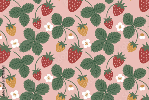 A repeating pattern of strawberries leaves and flowers on a light pink background design element