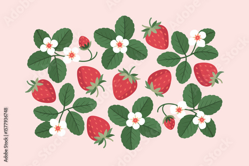 A pattern of strawberries with leaves and flowers scattered on a light pink background in a flat style