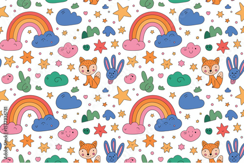 Seamless pattern featuring rainbows clouds stars foxes and rabbits on a white background repeat design