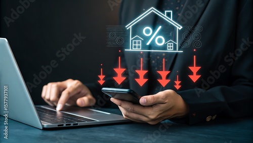 Analyzing Market Trends with Technology: Lowering Rates and Finance Management on Computer Device.