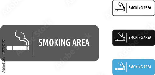 Collection of smoking area signs with cigarette icon and text in different colors