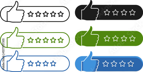 Set of three rating icons with thumbs up and stars in outline black and blue styles