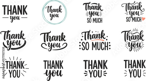 Collection of twelve different thank you handwritten calligraphy phrases and lettering designs