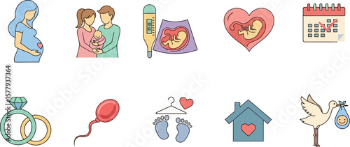 Collection of pregnancy and baby related icons including family ultrasound and stork