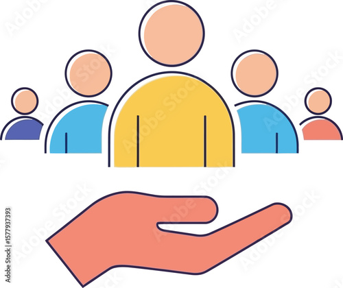 Stylized hand offering protection and support to a group of diverse people icons