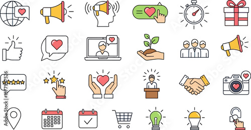 Collection of modern flat design icons representing marketing customer service and business growth