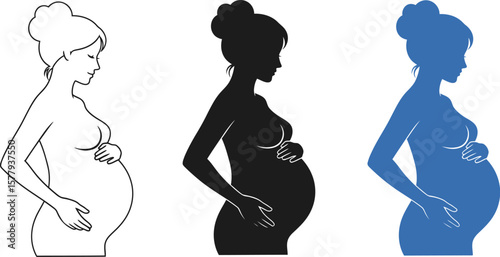 Three silhouette styles of a pregnant woman holding her belly
