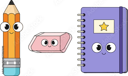 Cute cartoon pencil eraser and notebook with happy faces and a star
