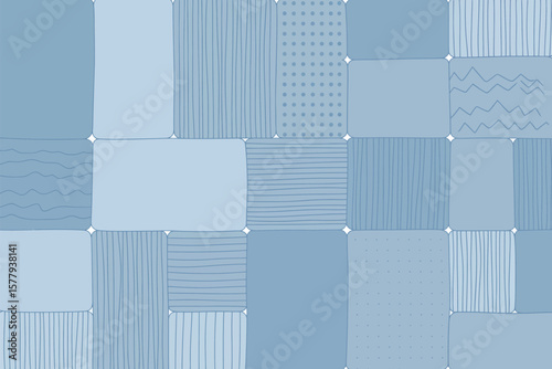 A light blue patchwork pattern with different textures and designs in a square grid arrangement style