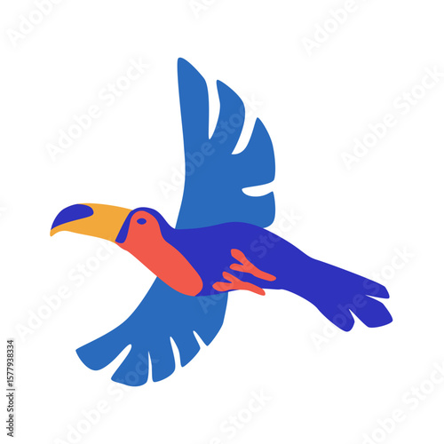 Cheerful toucan graphic in flight displays a vibrant design, ideal for branding, nature themed projects, and adaptable for logo creation.