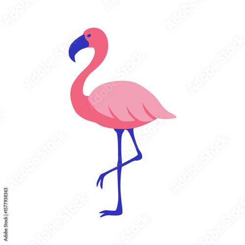 A stylized pink flamingo graphic with blue accents, standing gracefully on one leg, ideal for tropical designs and summer themes.