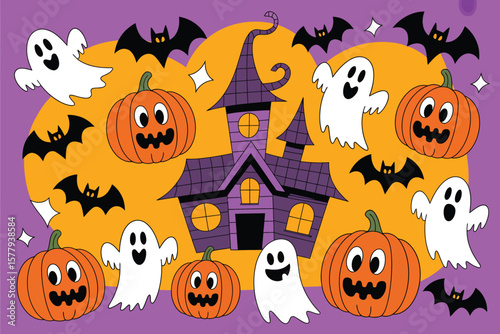 A halloween themed image with ghosts pumpkins bats and a haunted house against a moon background