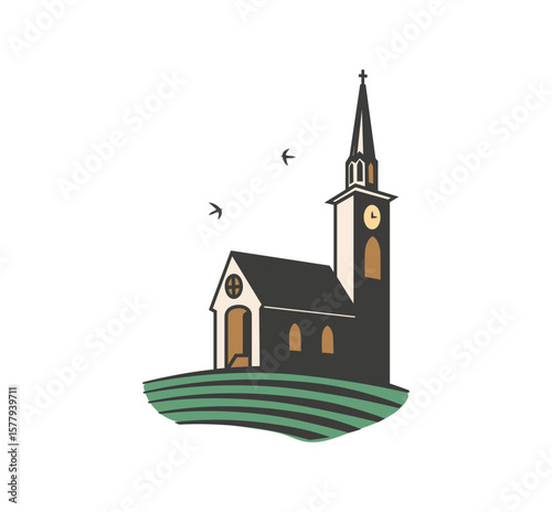 Serene church design with birds in flight, a charming and scalable graphic ideal for religious institutions or peaceful landscape themes.