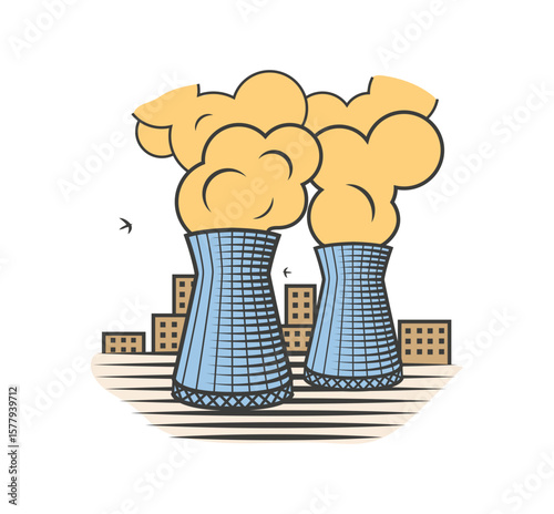 Depicts cooling towers and vapor in a stylized format, suitable for eco-conscious projects or energy-related graphic designs.