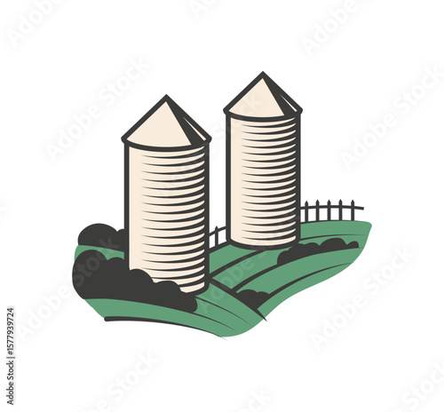 Two vintage farm silos stand on a green field, a country design ideal for agricultural or rural themed projects