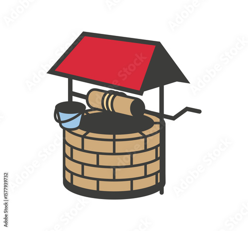 Charming wishing well drawing with a red roof, suitable for branding and graphic design projects, evoking a sense of nostalgia and simple pleasures.