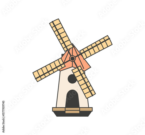 Appealing windmill graphic with neutral tones and outlined details, suitable for children's books or ecological themes.