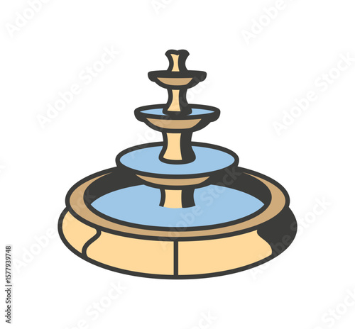 Elegant fountain drawing with cascading tiers and soft color palette, perfect for garden themes and vintage designs.