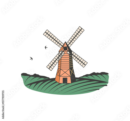 A charming windmill scene featuring rolling hills and birds, ideal for pastoral themes or renewable energy concepts.