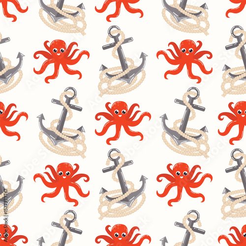 Seamless pattern with cute kawaii red octopus and sea anchor in polka dot order in flat cartoon style.
