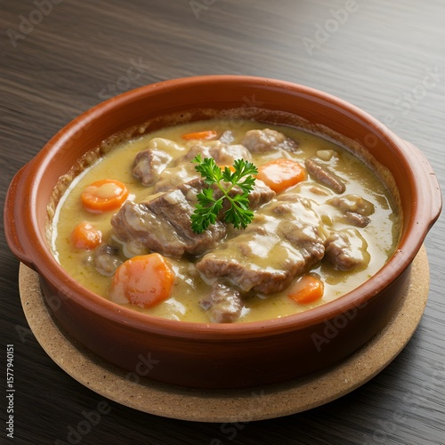 French-style creamy veal stew with white sauce, mushrooms, and vegetables – Blanquette de Veau