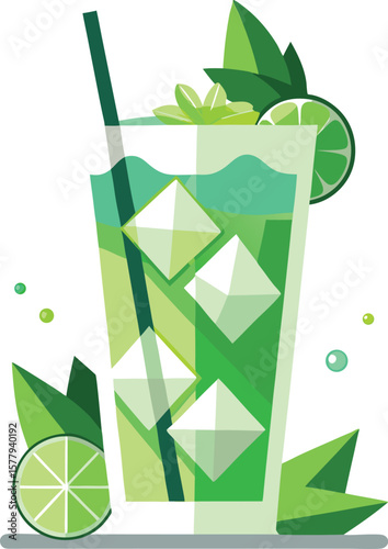 Cold Pressed Juice Variations Refreshing Mojito Cocktail with Lime and Mint, Icy Cubes in Tall Glass