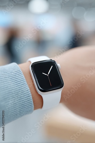 portrait of store employee demonstrating smartwatch features to weekend customer wearing casual attire
