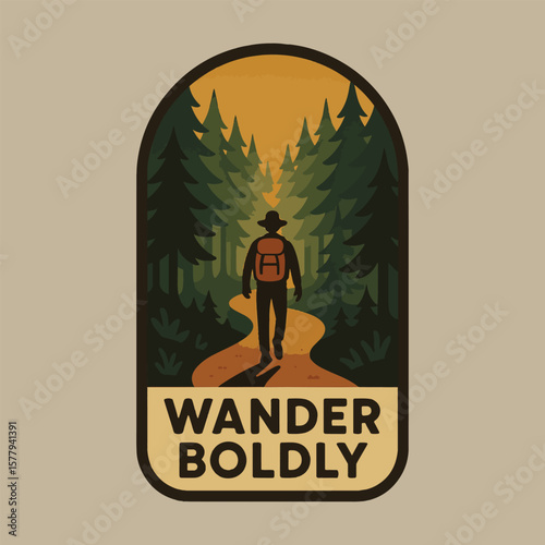 Hiker with backpack walks on winding path through pine forest at sunset