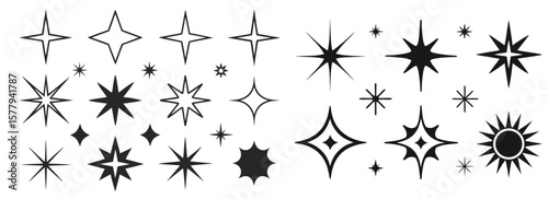 Hand-drawn decorative star and sparkle icon set with unique outlines, glowing silhouettes, and minimal vector art for celestial or festive themes