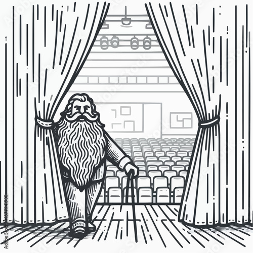 Elderly man with a cane stepping onto a stage with confidence, line art illustration