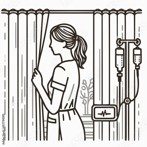 Nurse opening curtains to check on a patient in a hospital room, line art illustration
