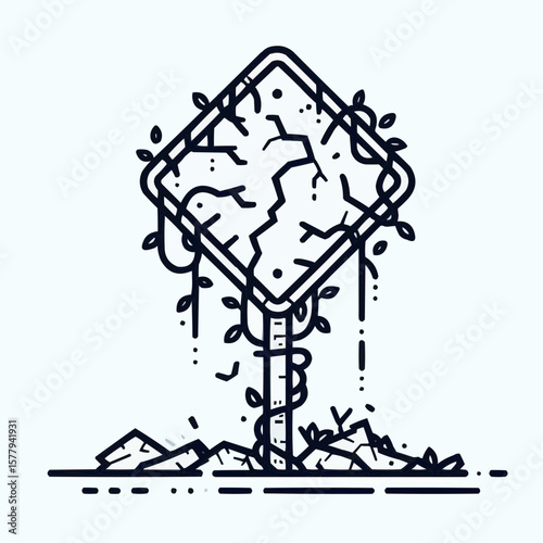 Old weathered traffic sign surrounded by plants and debris, line art illustration
