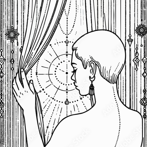 Profile of a woman with short hair opening curtains to reveal a radiant design, vector line art illustration
