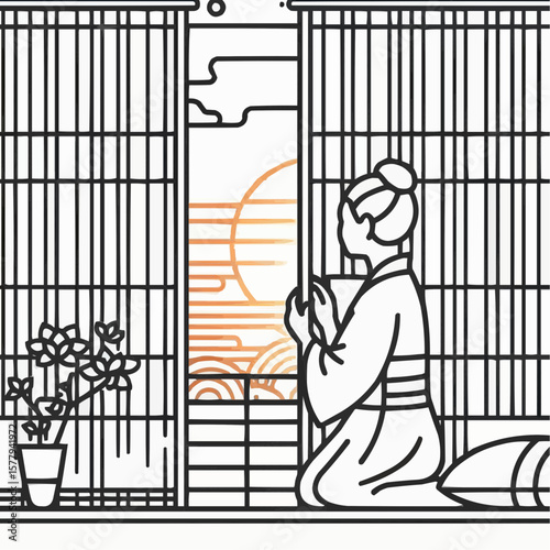Woman in traditional kimono opening sliding doors to admire the sunset, line art illustration
