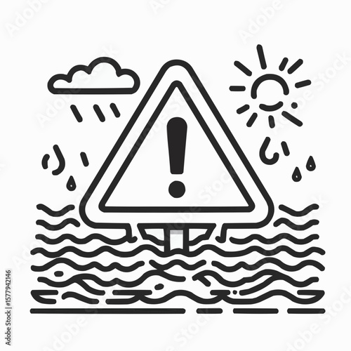 Warning sign in floodwaters with sun and clouds illustrating weather hazard concept
