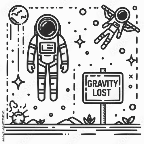 Astronauts floating in space next to a "Gravity Lost" sign and celestial elements