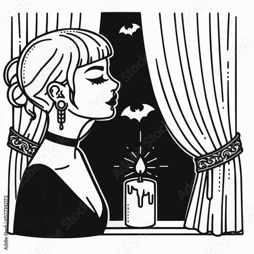 Elegant woman beside a candle in front of a window with bats, creating a mystical ambiance
