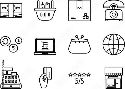 includes icons for cash registers, credit cards, laptops, coins, and charts — all in a clean linear style.